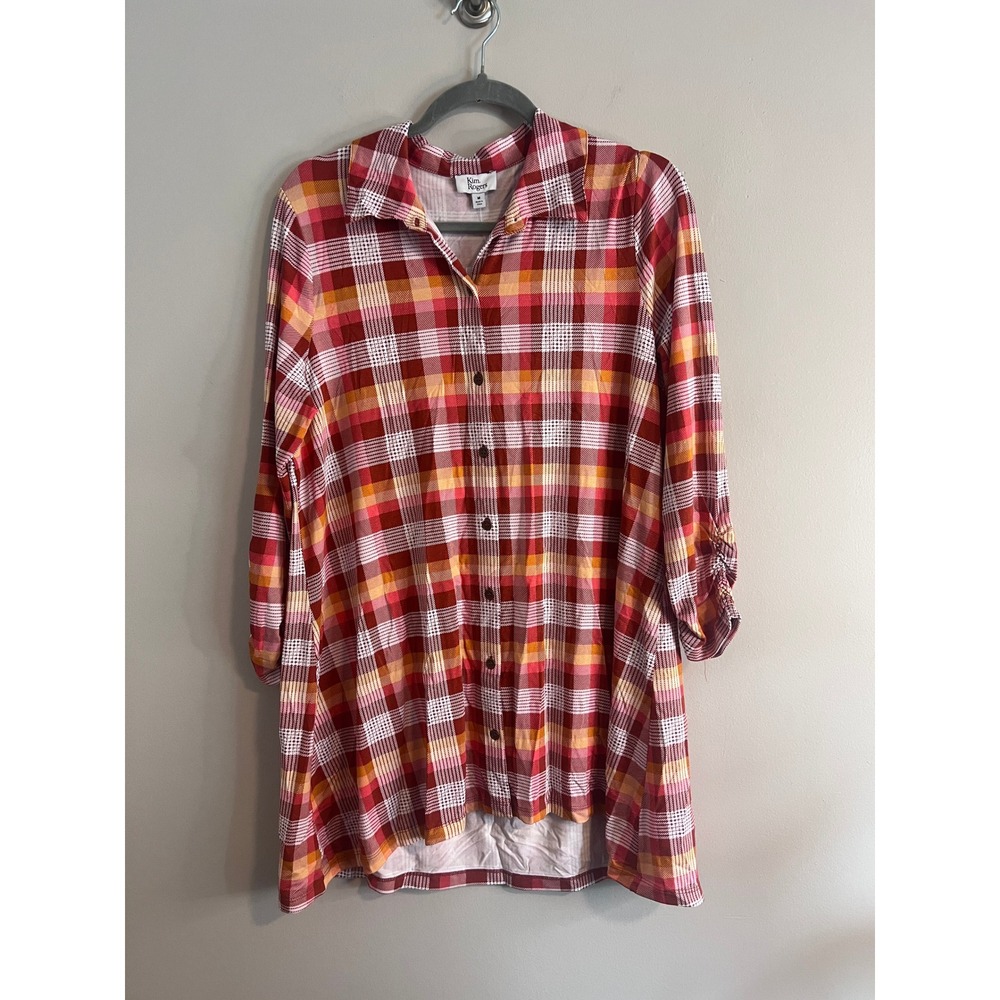 Kim Rogers Julianna Tunic Top Red Plaid 3/4 Ruched Sleeve Womens Medium New